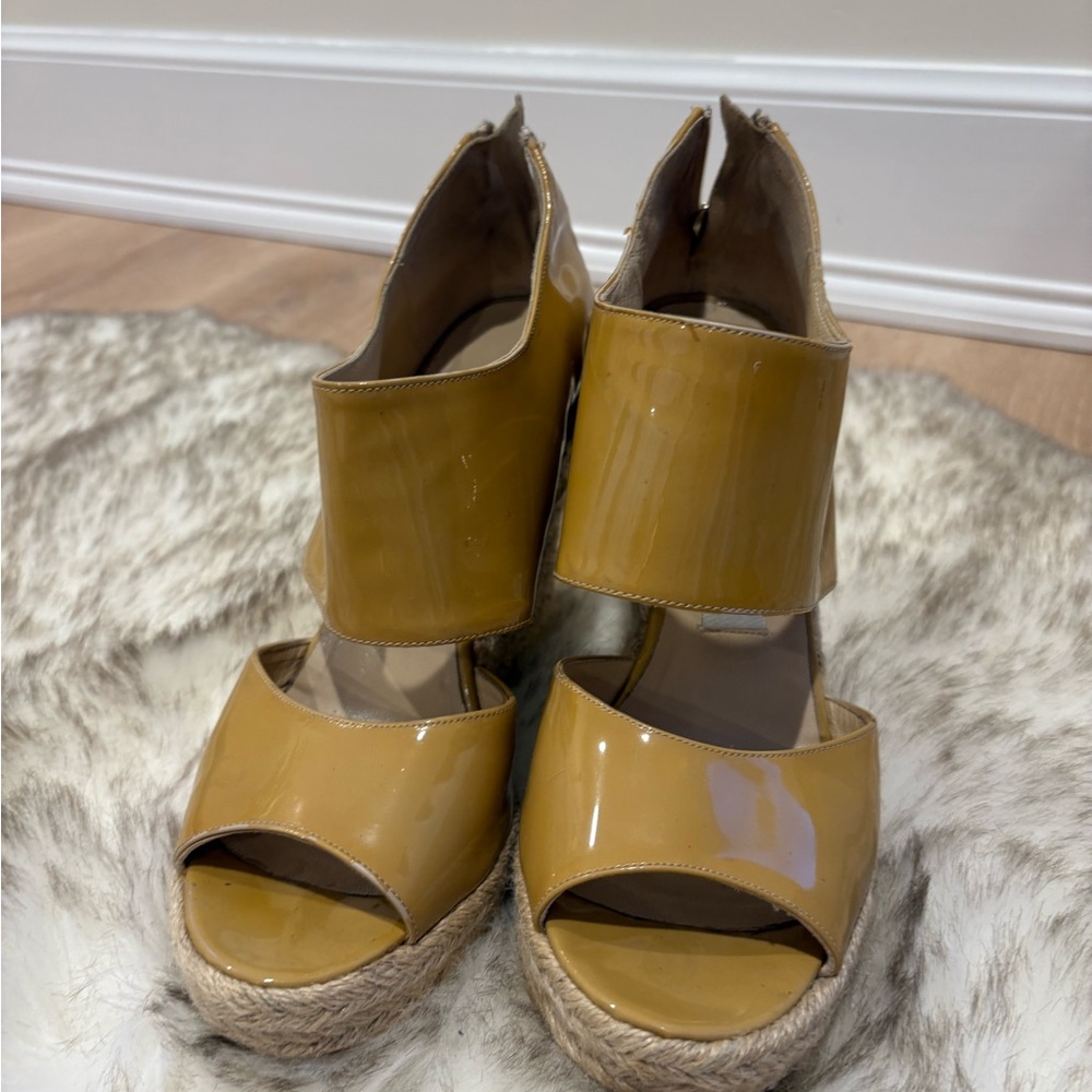 Size 37 (7) Jimmy Choo Nude Patent Patriot Espadrille Wedge Sandal